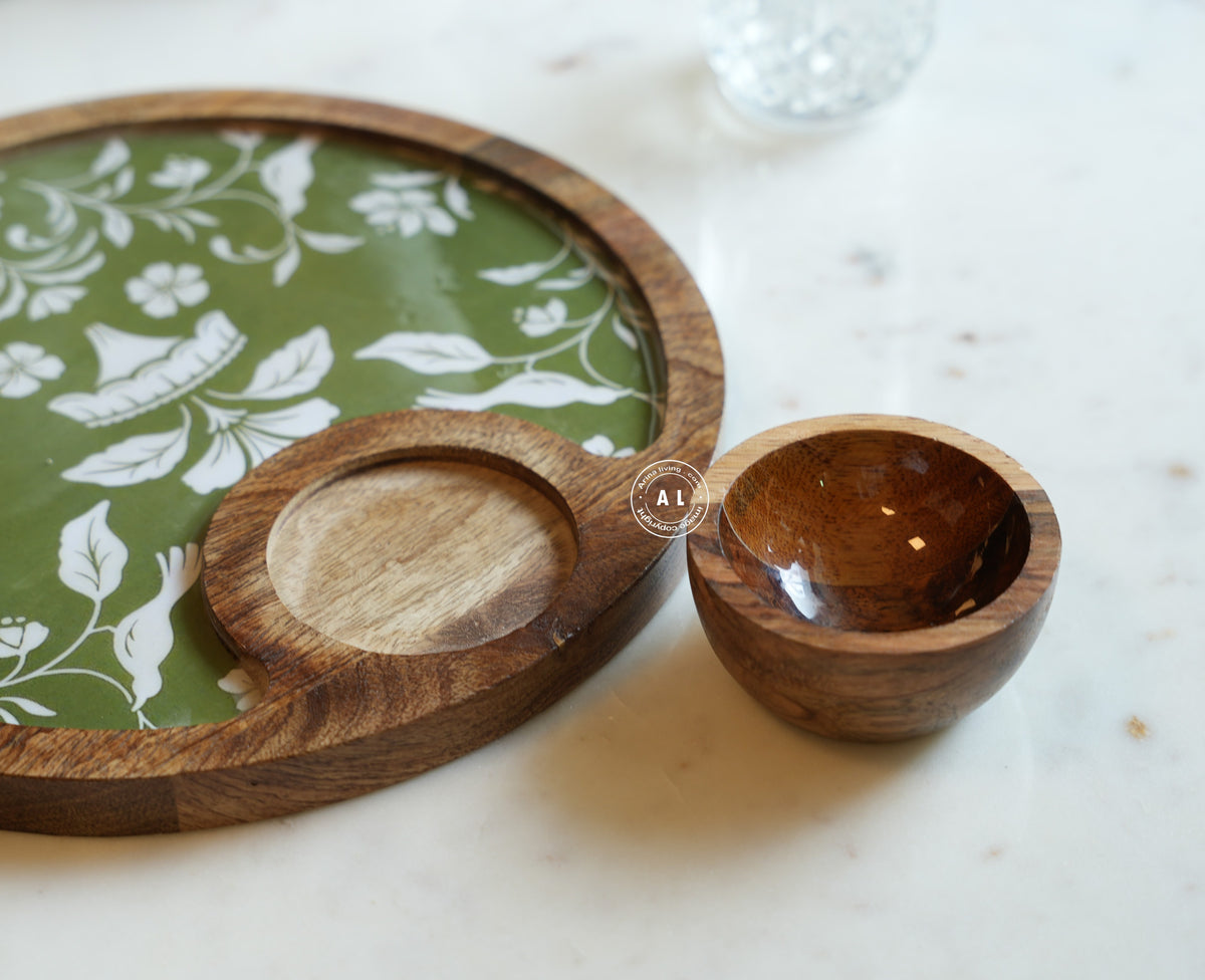 Round Wooden Serving Tray with Decorative Green Floral Inlay & Wooden Bowl Arina Living