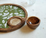 Round Wooden Serving Tray with Decorative Green Floral Inlay & Wooden Bowl Arina Living