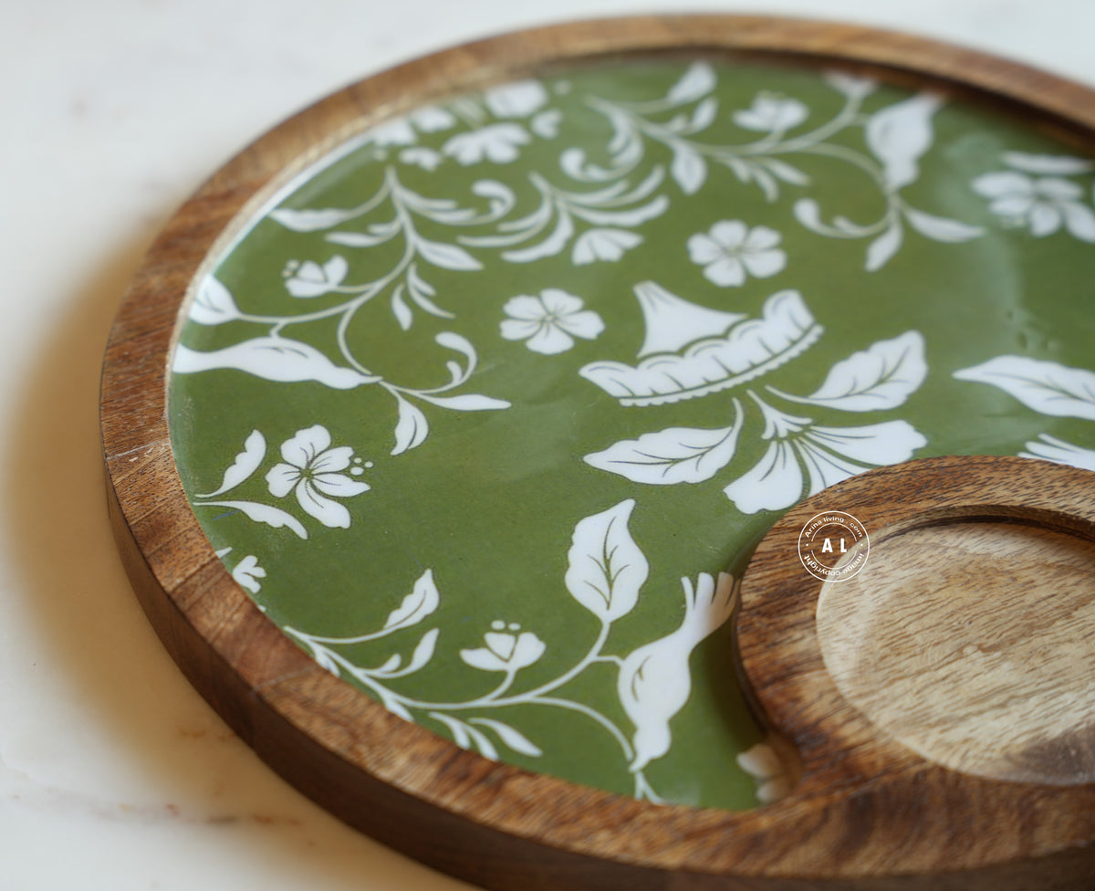 Round Wooden Serving Tray with Decorative Green Floral Inlay & Wooden Bowl Arina Living