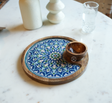 Round Wooden Serving Tray with Decorative Blue Floral Inlay & Wooden Bowl Arina Living