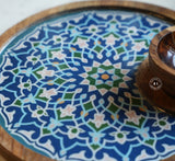 Round Wooden Serving Tray with Decorative Blue Floral Inlay & Wooden Bowl Arina Living