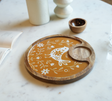 Round Wooden Serving Tray with Decorative Mustard Floral Inlay With Wooden Bowl Arina Living