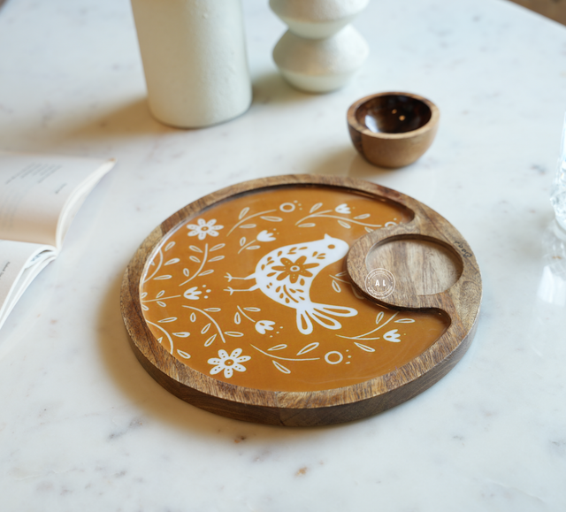Round Wooden Serving Tray with Decorative Mustard Floral Inlay With Wooden Bowl Arina Living