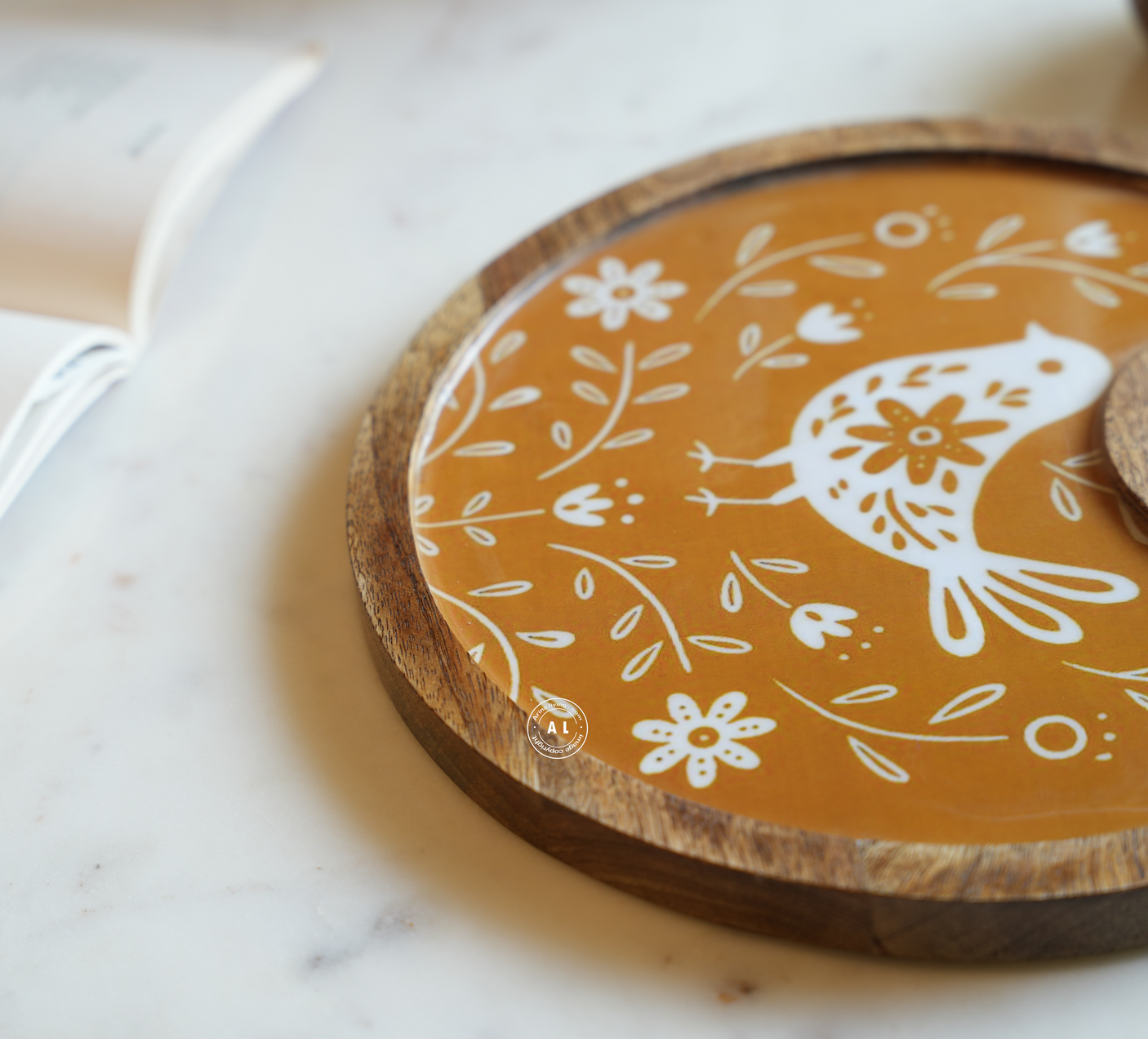 Round Wooden Serving Tray with Decorative Mustard Floral Inlay With Wooden Bowl Arina Living