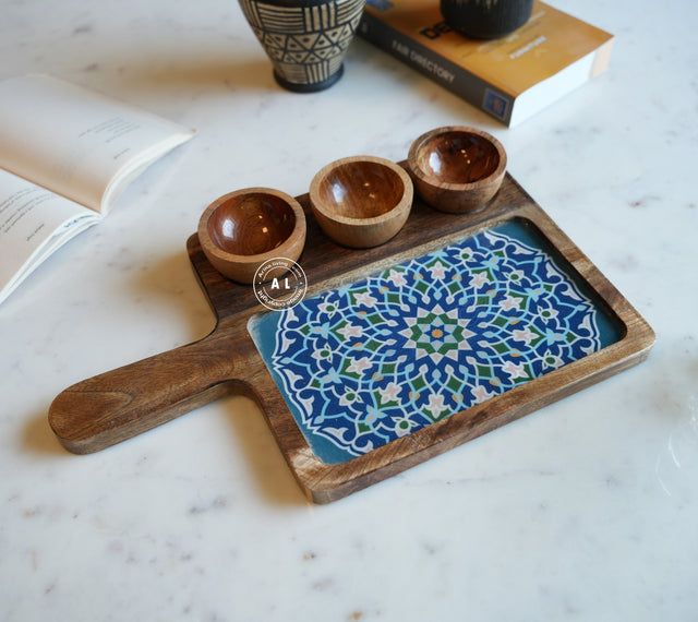 Mango Wood Serving Board with 3 Bowls Arina Living