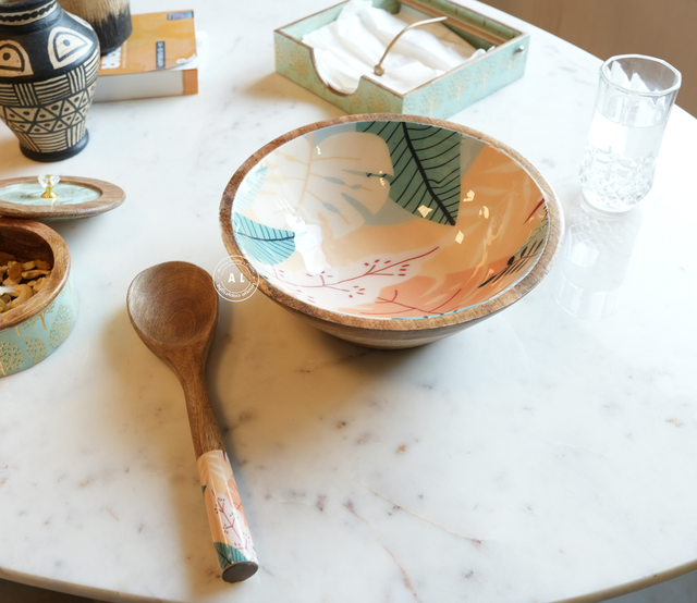 Wooden Serving Bowl with Hand-Painted Inlay & Spoon Arina Living