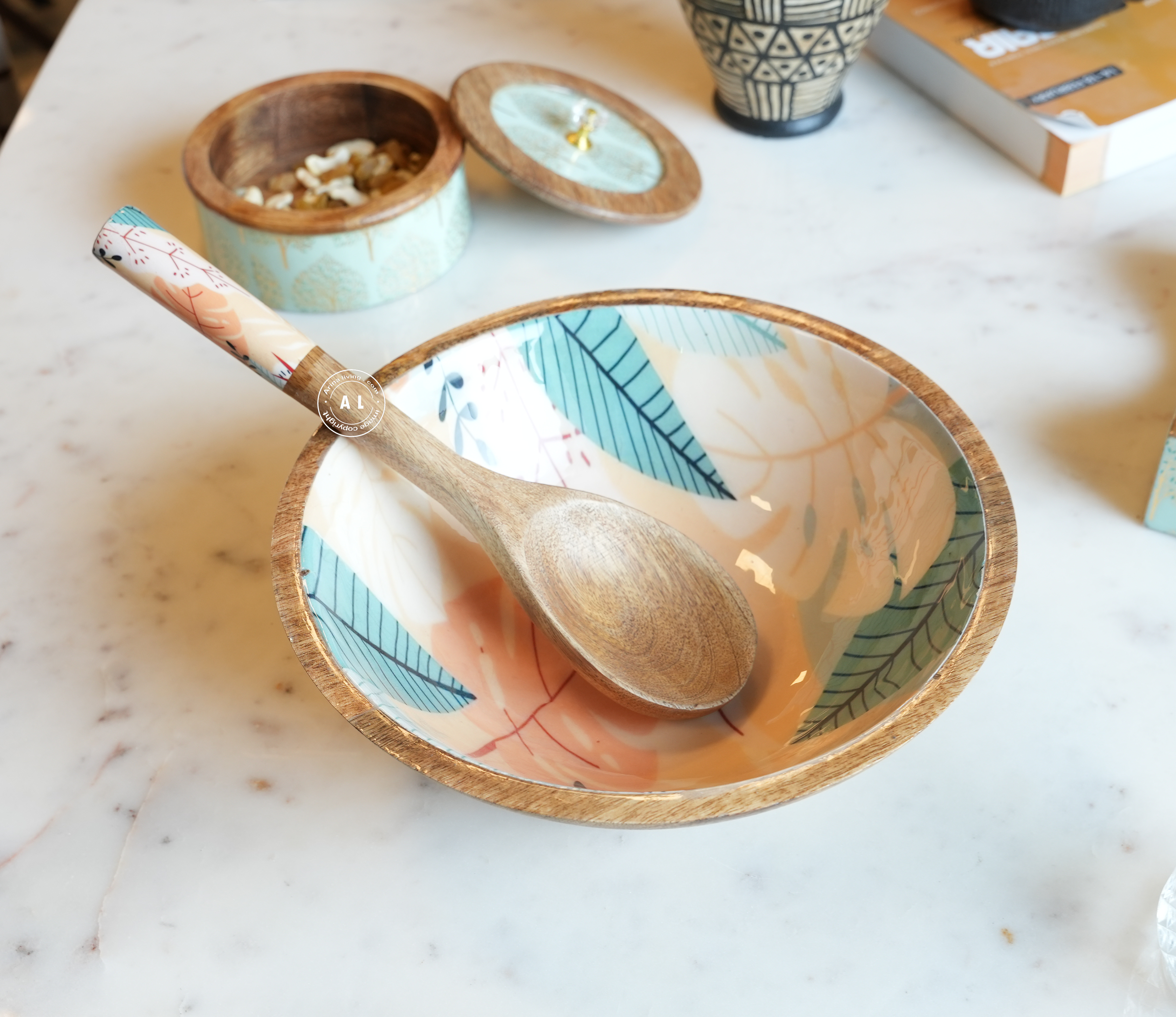 Wooden Serving Bowl with Hand-Painted Inlay & Spoon Arina Living