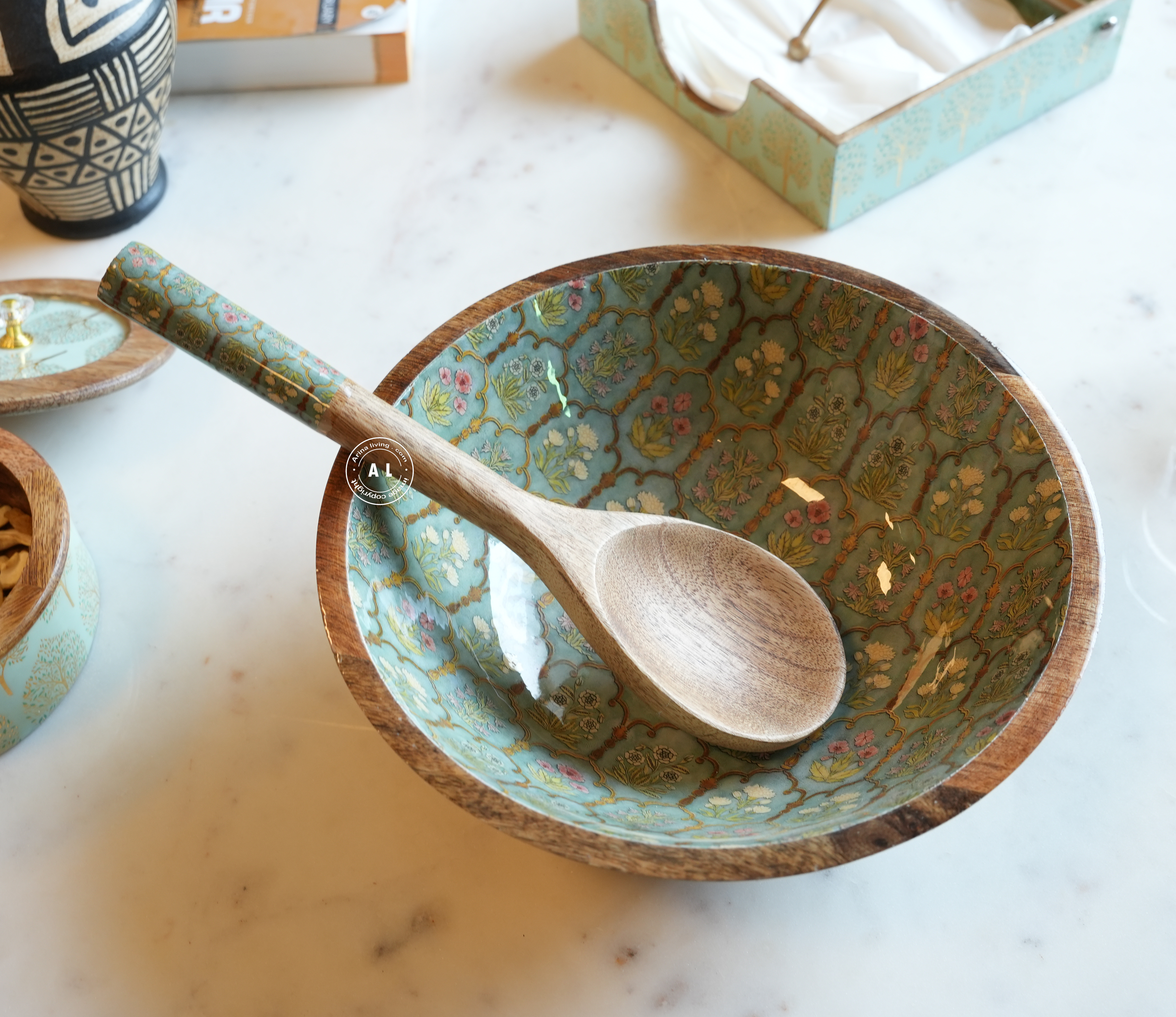 Decorative Mango Wood Serving Bowl with Spoon Arina Living
