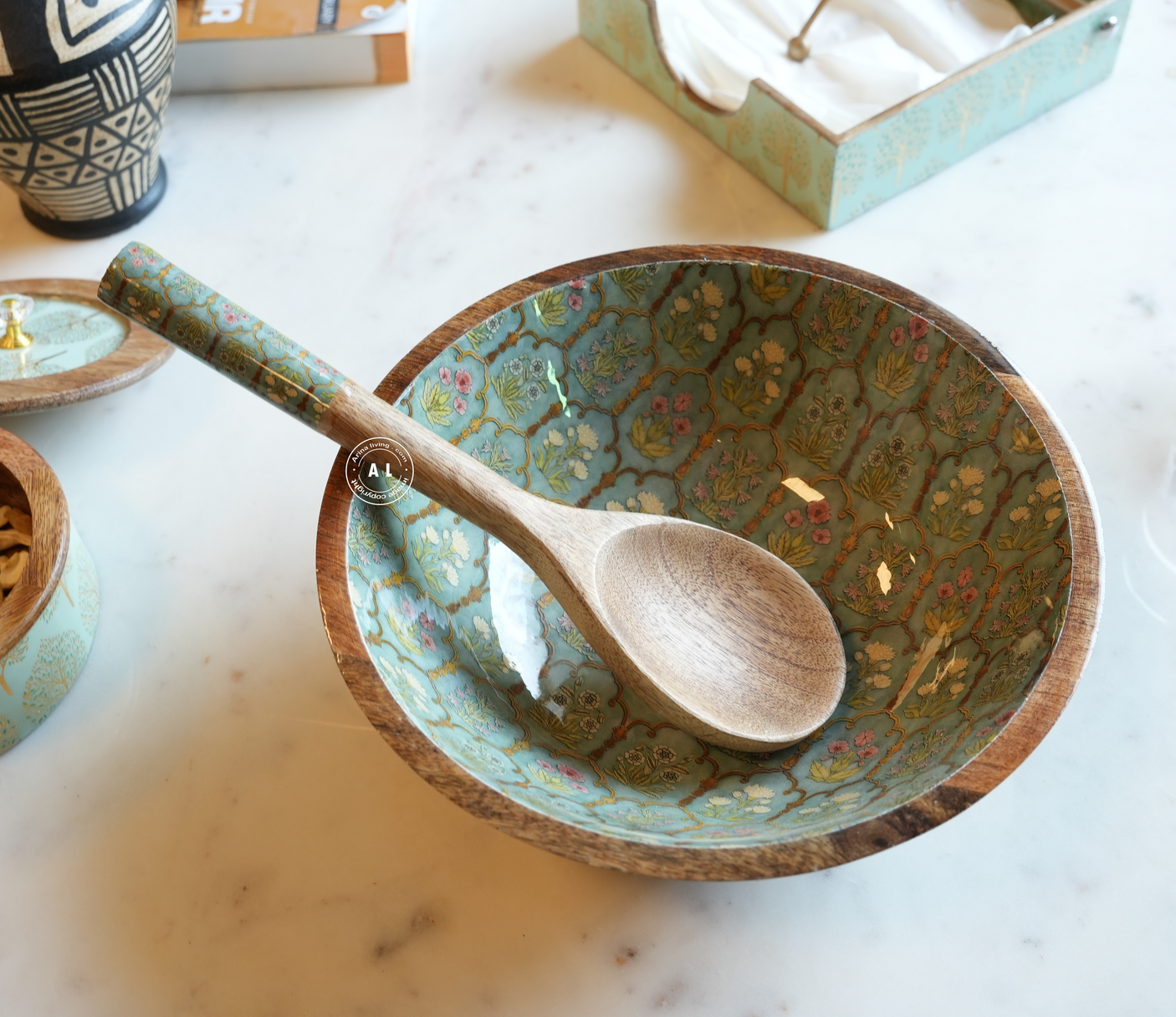 Decorative Mango Wood Serving Bowl with Spoon Arina Living