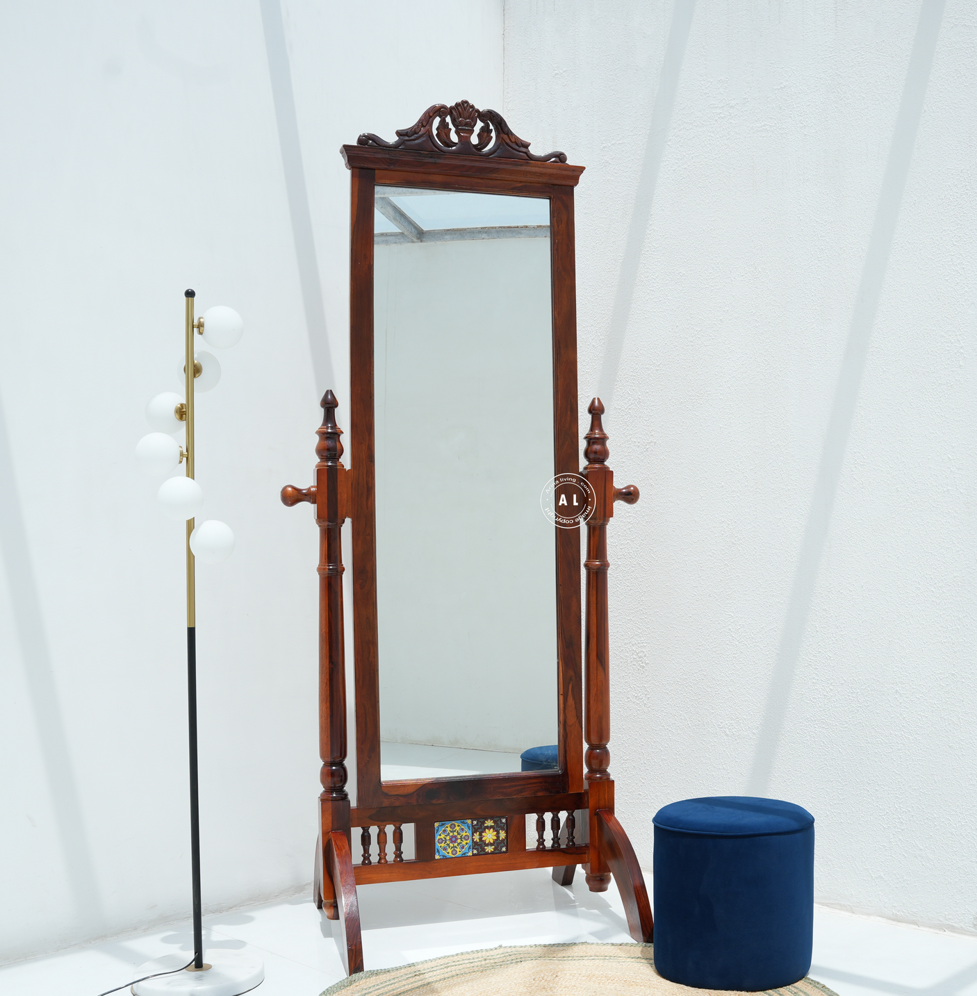 Sheesham Wood Floor Mirror 360° Rotating Full Length Mirror with Stand Arina Living