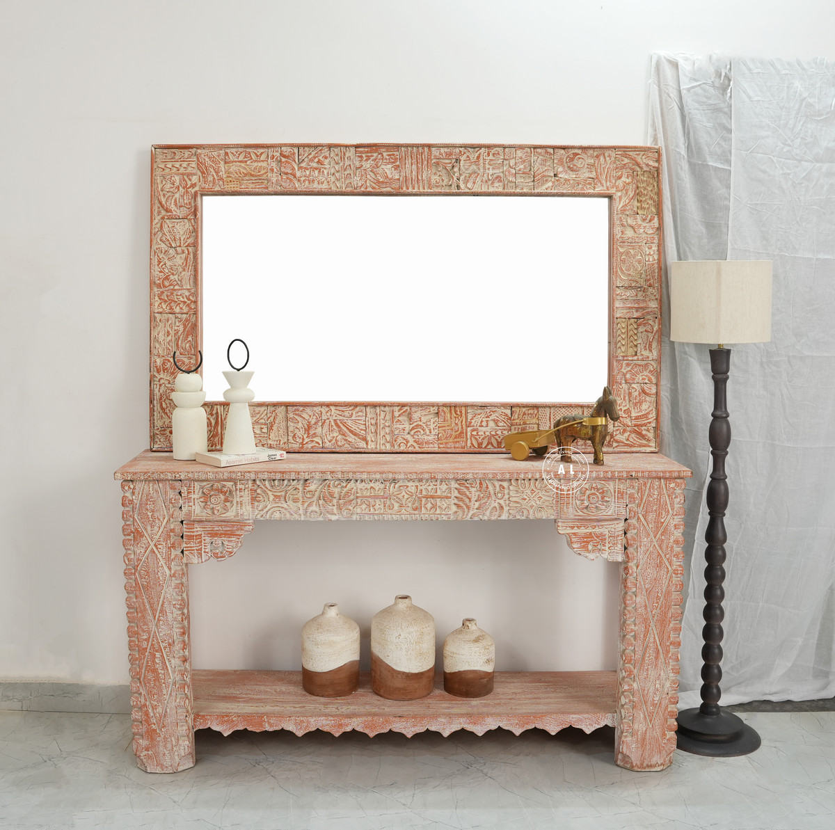 wooden Carved  console table with mirror frame Arina Living