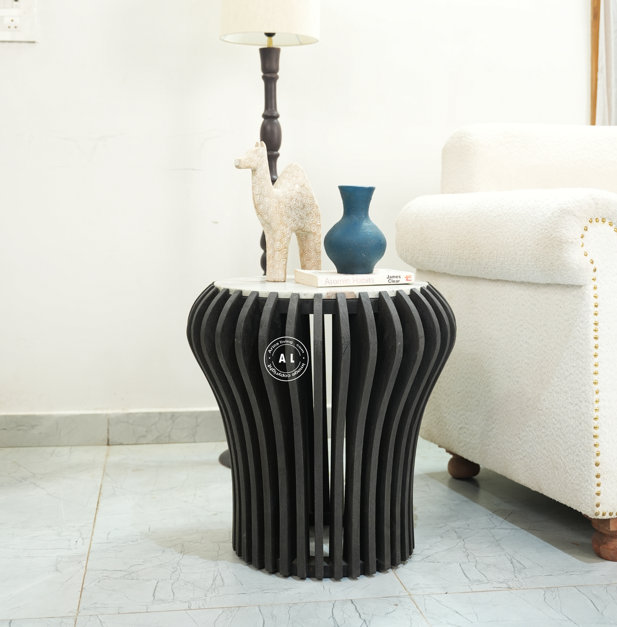 Wooden Side Table – Black Finish with Marble Top Arina Living