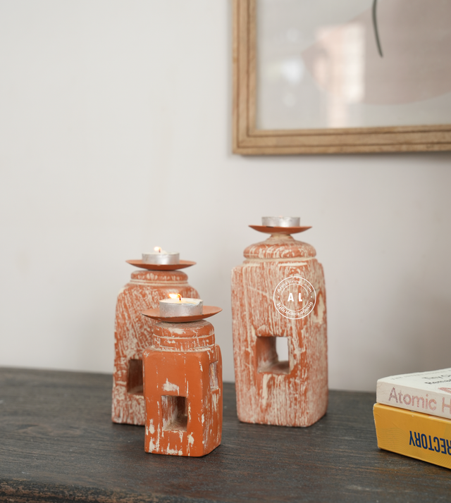 Rustic Wooden Candle Holder Set of 3 Arina Living