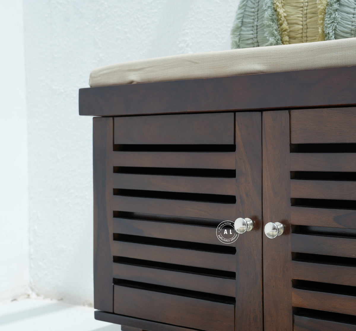 Modern Sheesham Wood Shoe Rack Bench - Honey Finish Arina Living