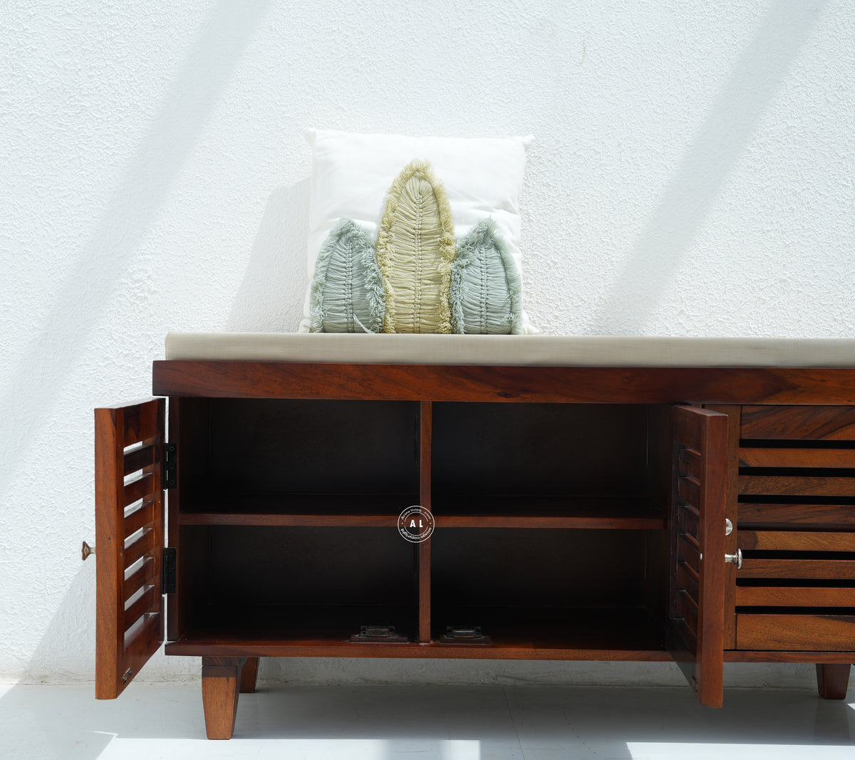 Modern Sheesham Wood Shoe Rack Bench - Honey Finish Arina Living