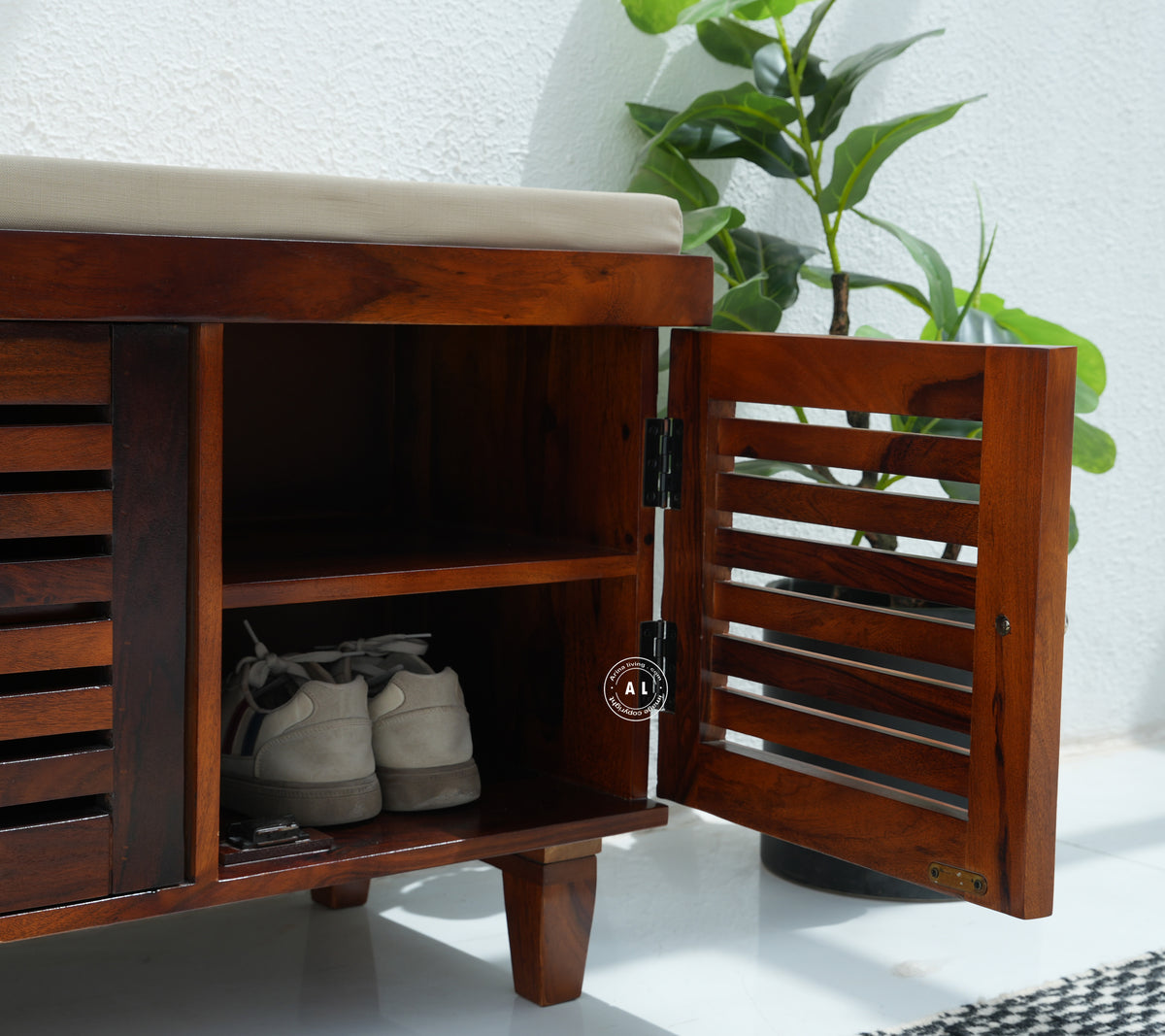 Modern Sheesham Wood Shoe Rack Bench - Honey Finish Arina Living