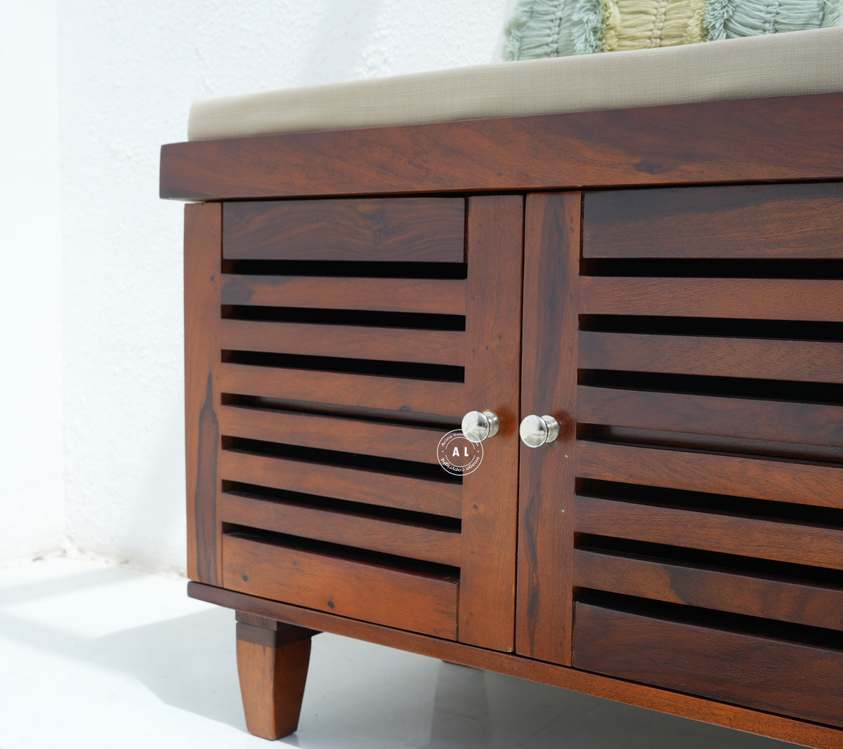 Modern Sheesham Wood Shoe Rack Bench - Honey Finish Arina Living