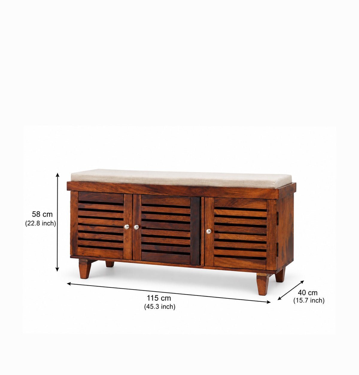 Elowen Sheesham Wood Shoe Rack Bench – 3 Doors, Honey Finish Arina Living