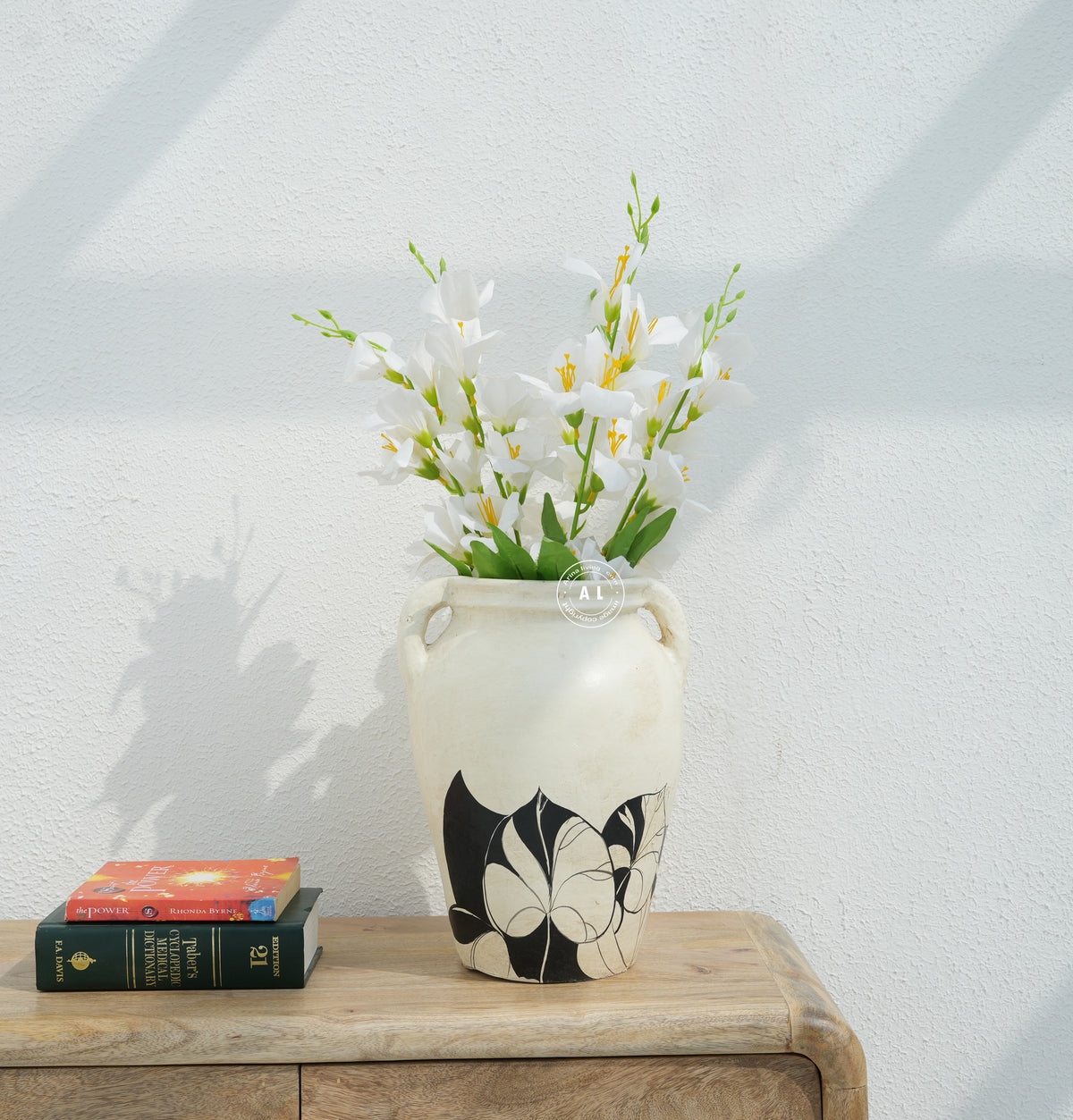 Ivory Black Floral Hand-Painted Decorative Ceramic Vase Arina Living