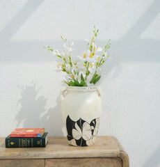 Ivory Black Floral Hand-Painted Decorative Ceramic Vase Arina Living