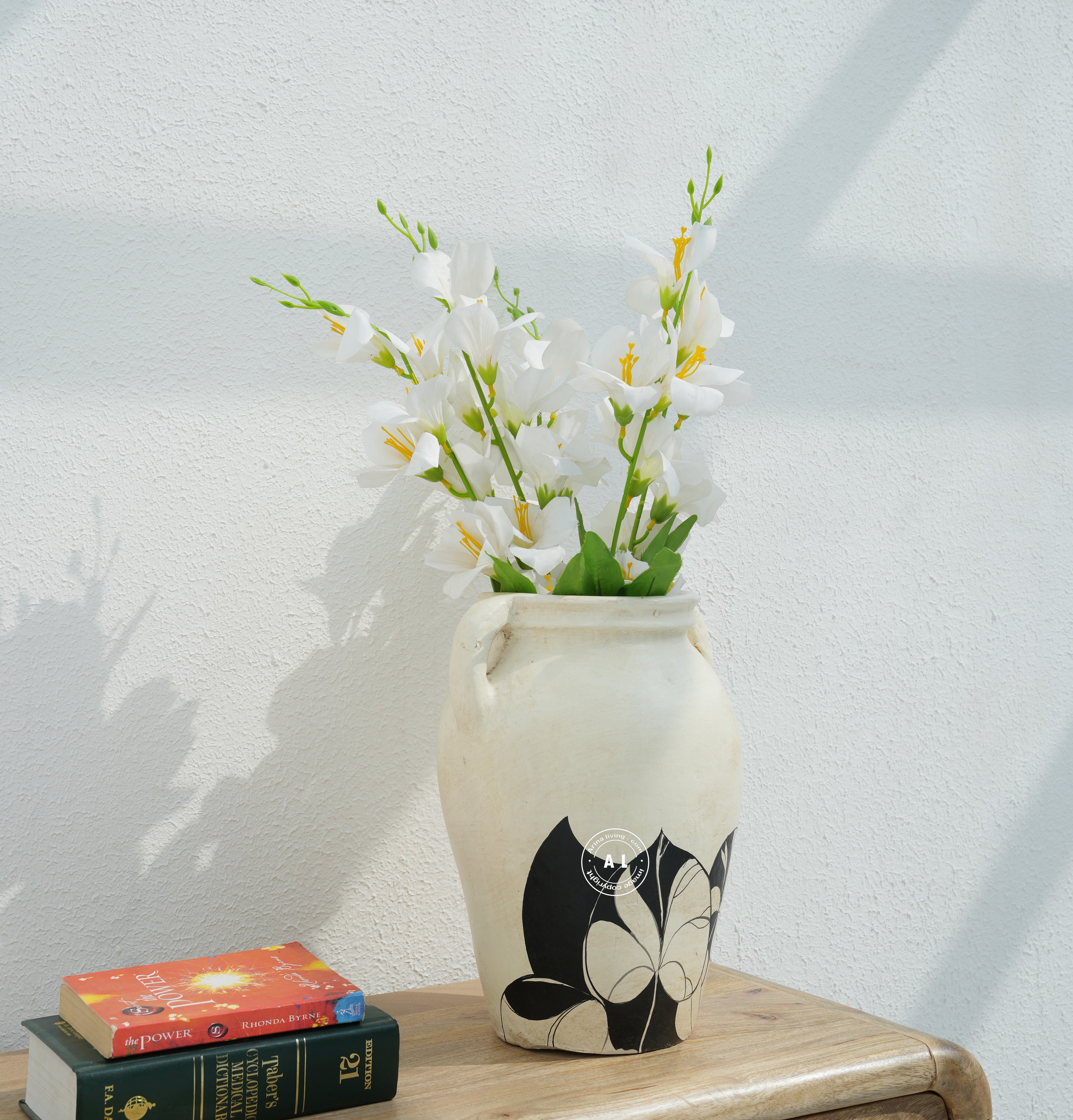 Ivory Black Floral Hand-Painted Decorative Ceramic Vase Arina Living
