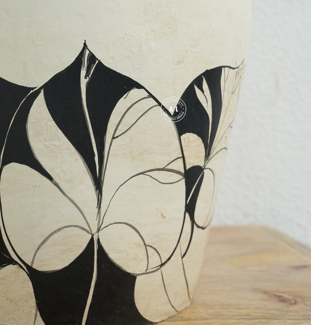 Ivory Black Floral Hand-Painted Decorative Ceramic Vase Arina Living