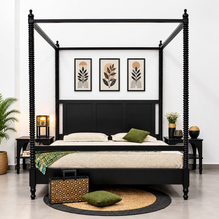 Mango wood Poster Bed Without Storage - King Size, Black Finish Arina Living