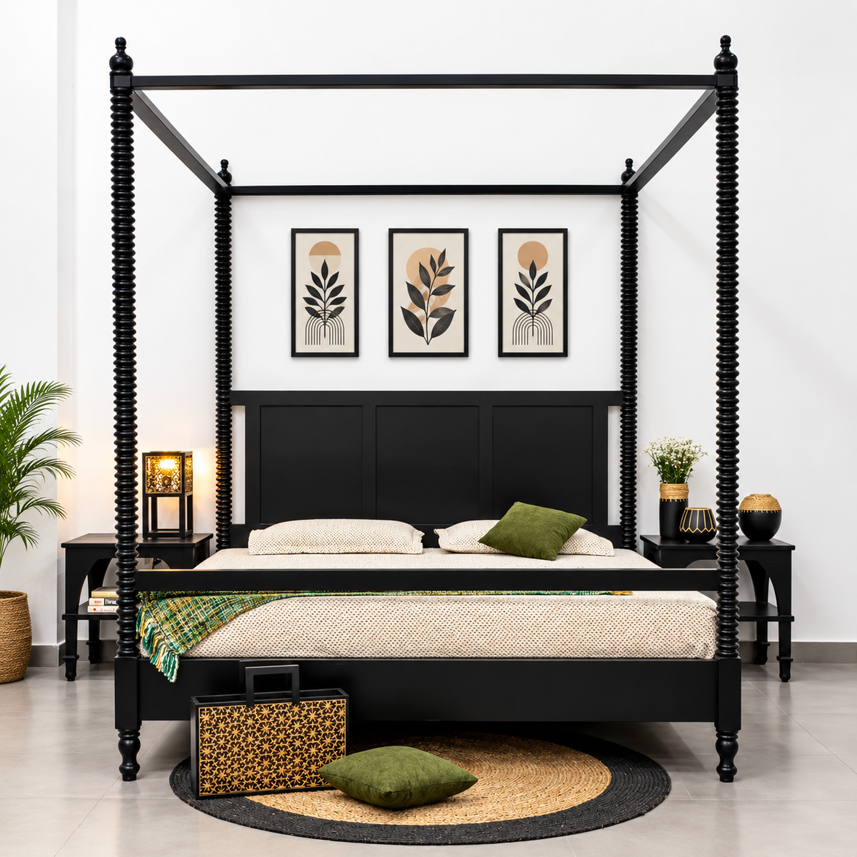 Mango wood Poster Bed Without Storage - King Size, Black Finish Arina Living