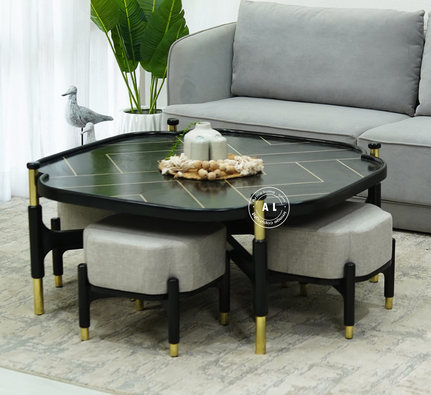 Mango Wood Coffee Table with Four Stools - Black finish