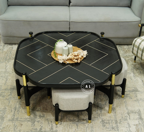 Rose Mango Wood Coffee Table with Four Stools - Black finish Arina Living