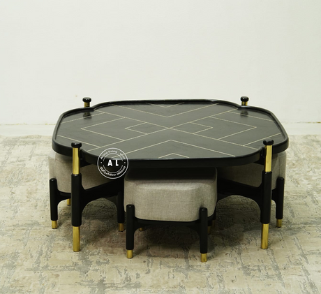Rose Mango Wood Coffee Table with Four Stools - Black finish Arina Living