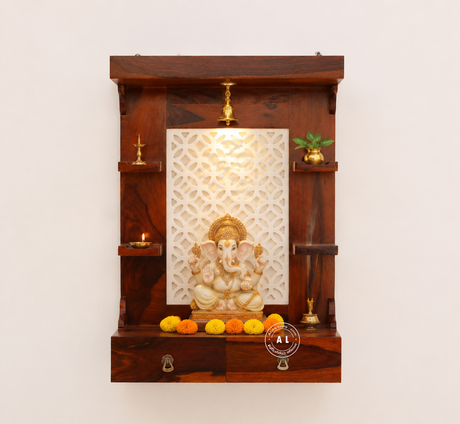 Lief Sheesham Wood Hanging Temple for Home with Drawer – Honey Finish Arina Living