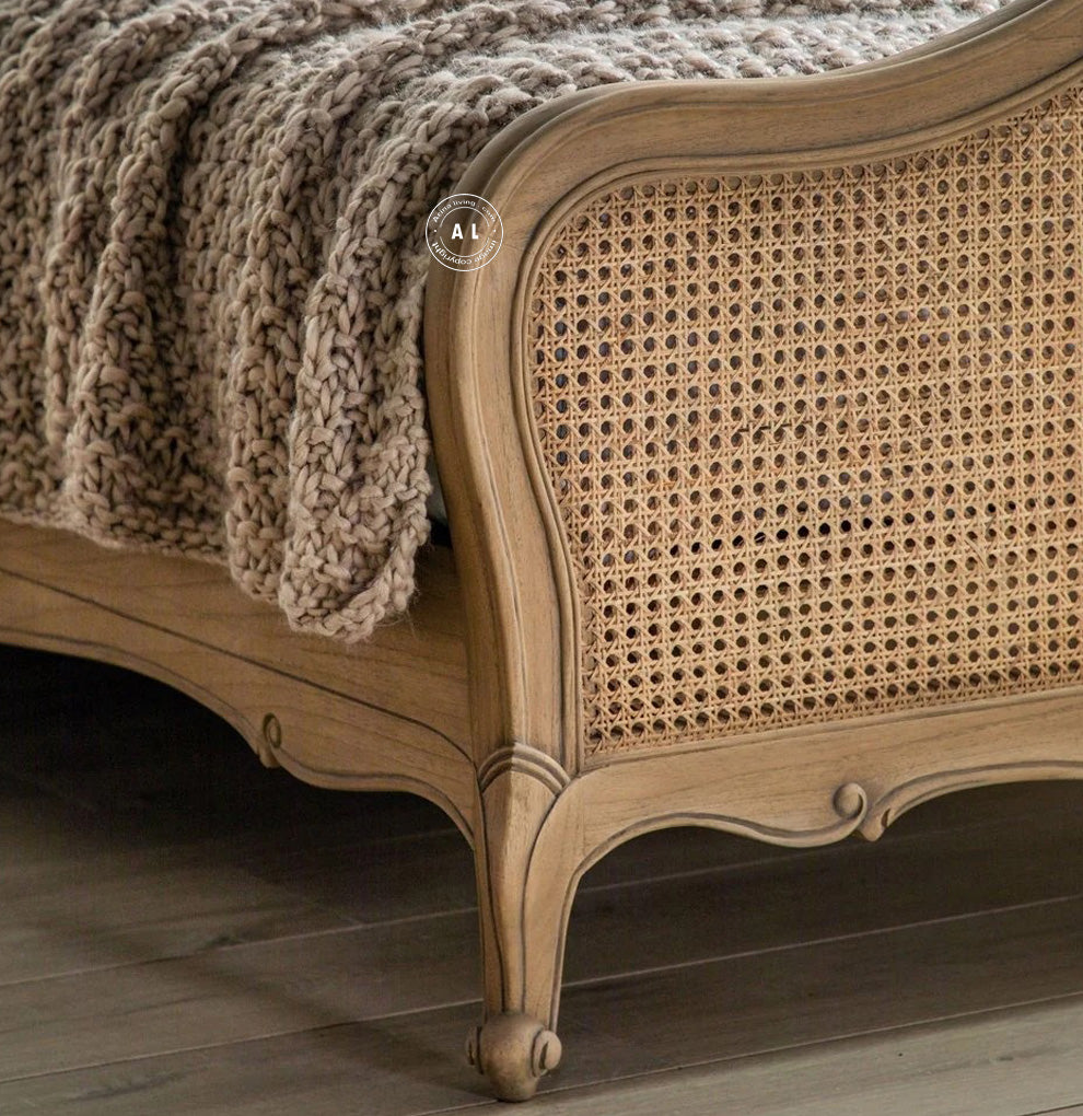 Lucian king size bed with rattan work (teak finish) Arina Living