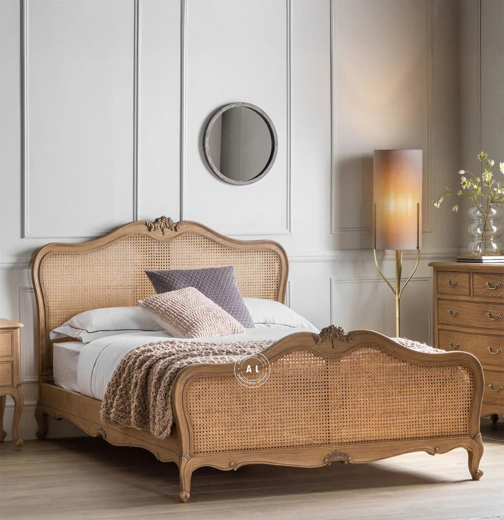 Lucian king size bed with rattan work (teak finish) Arina Living