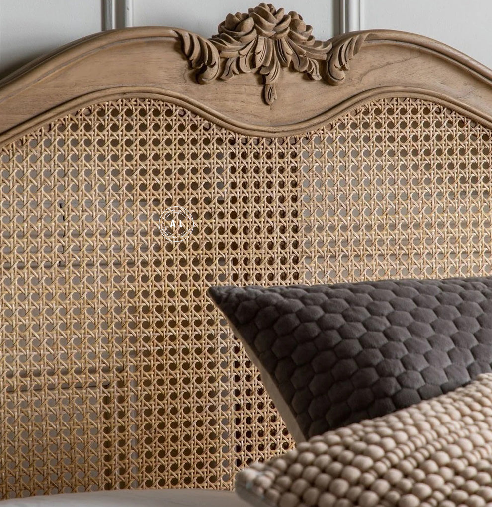 Lucian king size bed with rattan work (teak finish) Arina Living