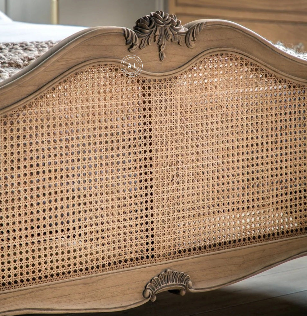 Lucian king size bed with rattan work (teak finish) Arina Living