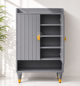 Allick Solid Wood Shoe Cabinet with Slatted Doors & Open Shelf – Grey Finish