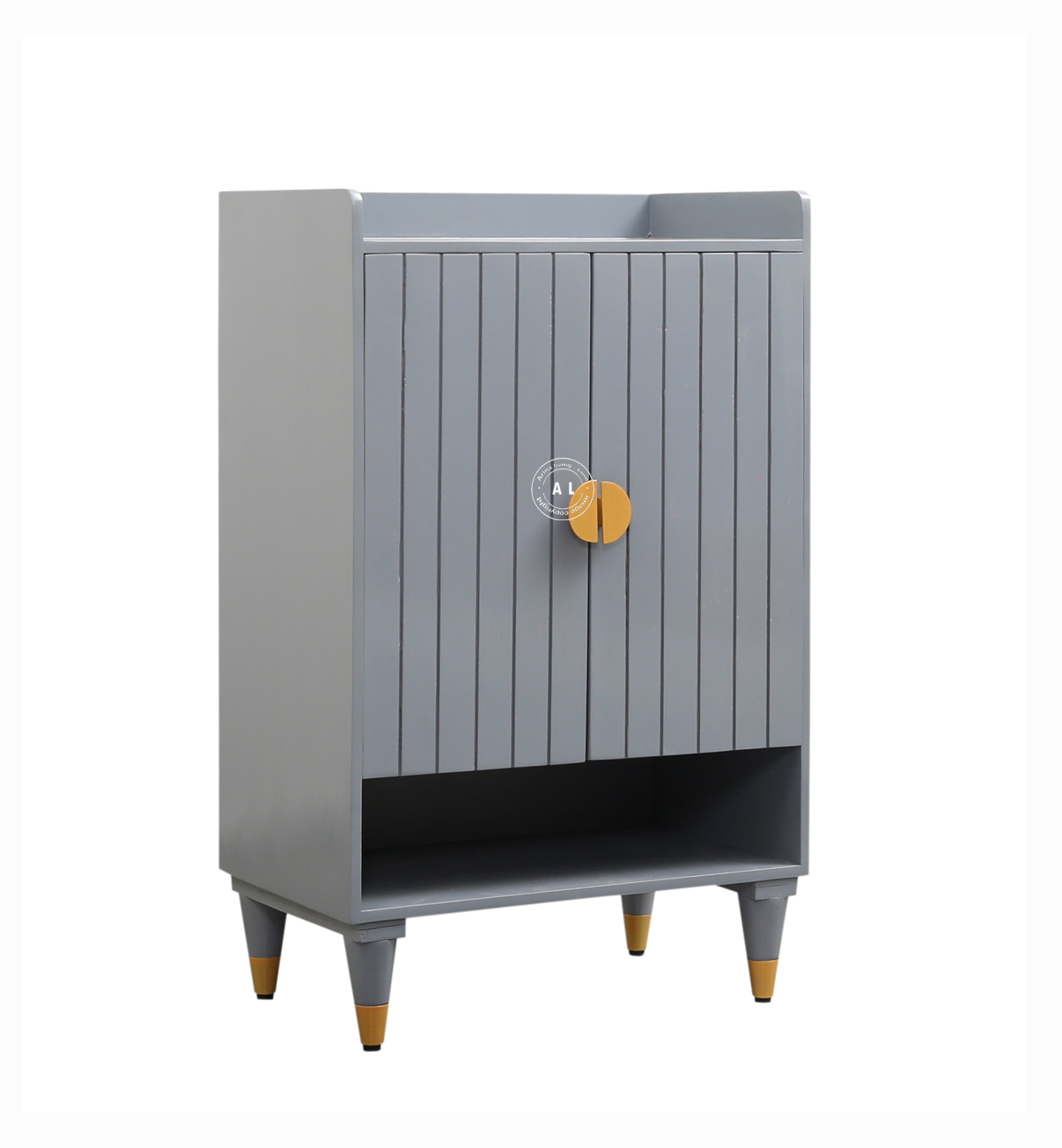 Allick Solid Wood Shoe Cabinet with Slatted Doors & Open Shelf – Grey Finish
