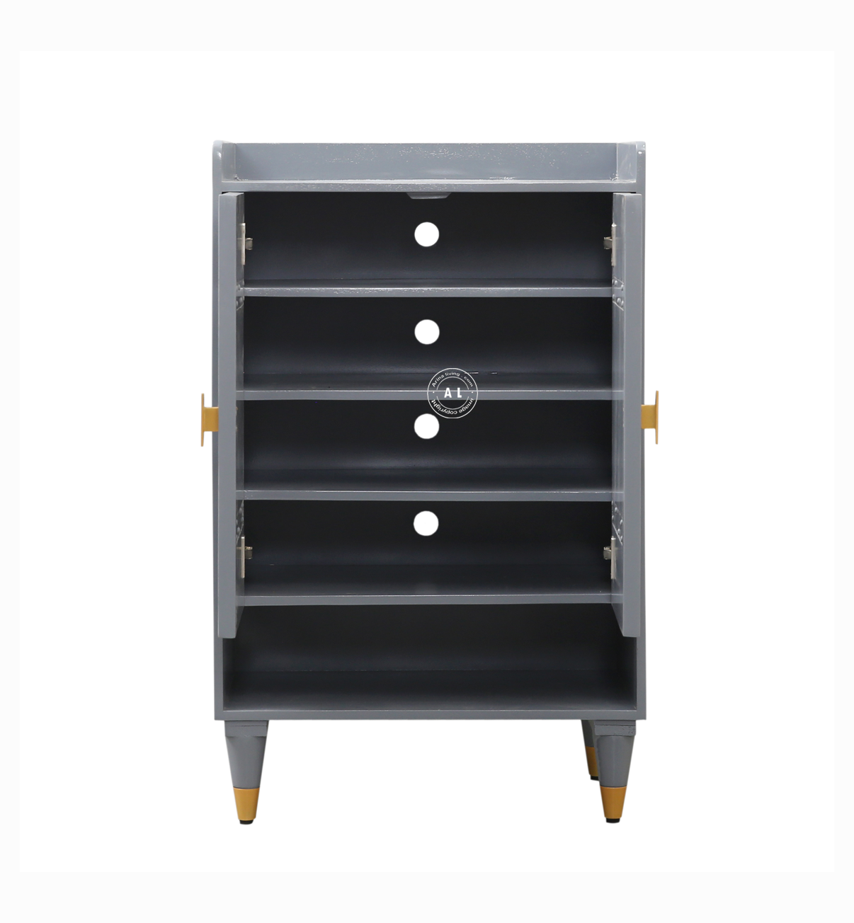Allick Solid Wood Shoe Cabinet with Slatted Doors & Open Shelf – Grey Finish