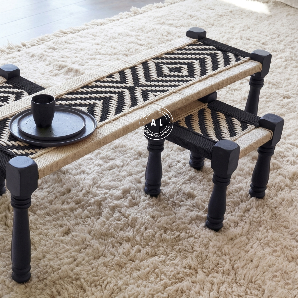 Pinkely Charpai bench with 2 stool