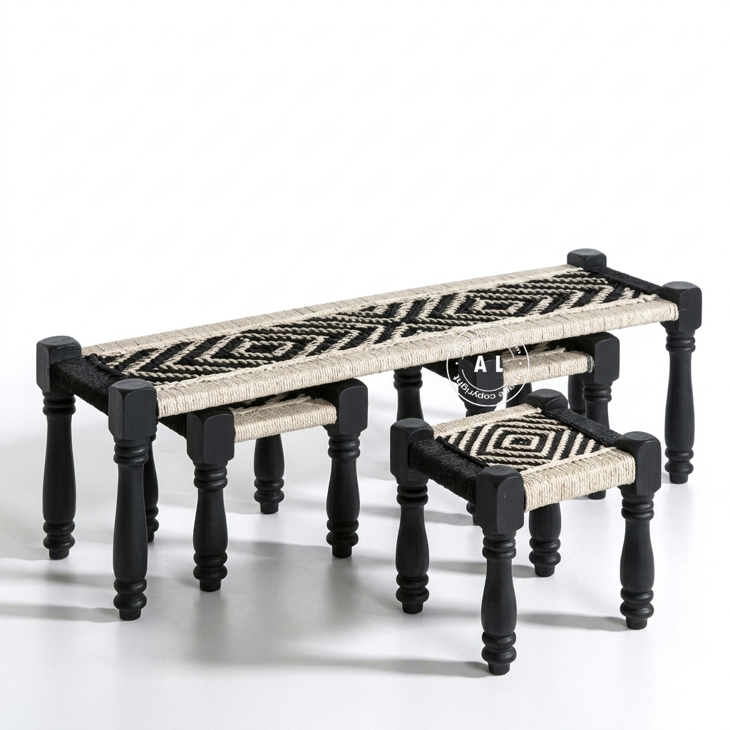Pinkely Charpai bench with 2 stool