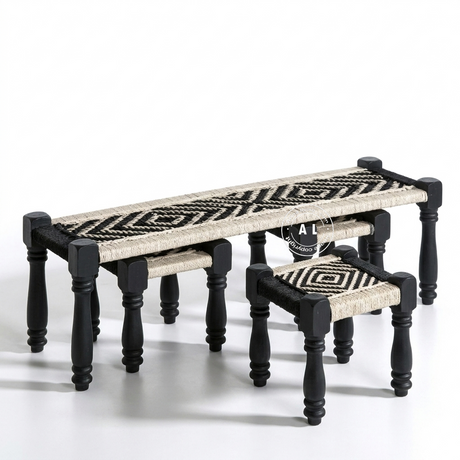 Pinkely Charpai Bench with 2 Stools in Black Finish | Handwoven Rope Bench Set Arina Living