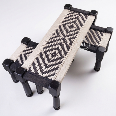 Pinkely Charpai Bench with 2 Stools in Black Finish | Handwoven Rope Bench Set Arina Living