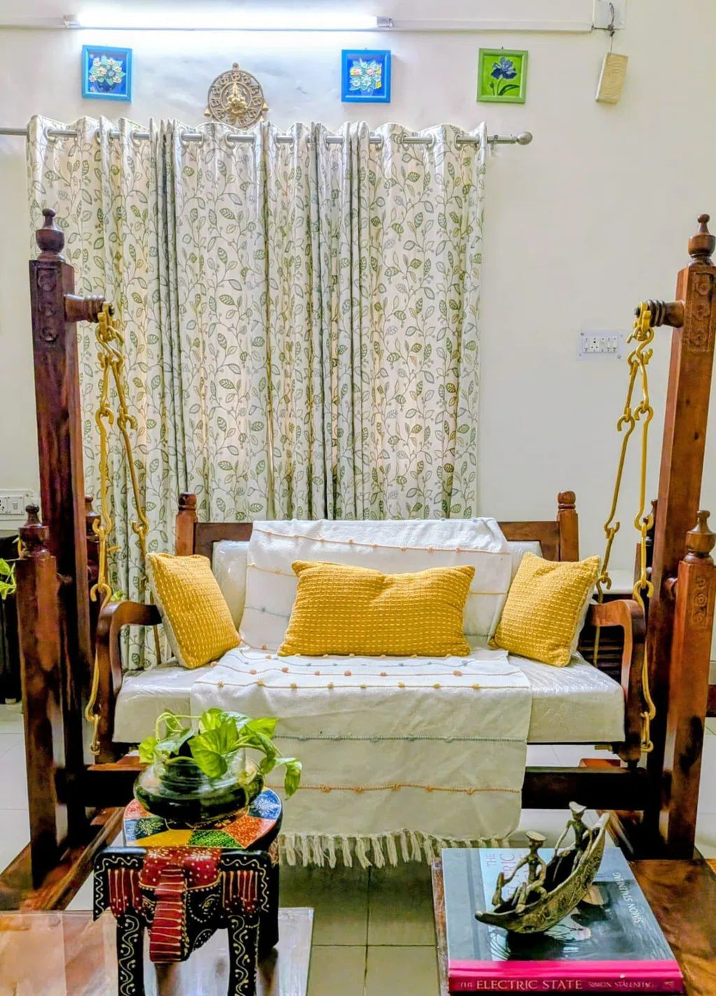 Quant Sheesham Wood Indoor Swing (Jhula) with Cushion - Honey finish Arina Living