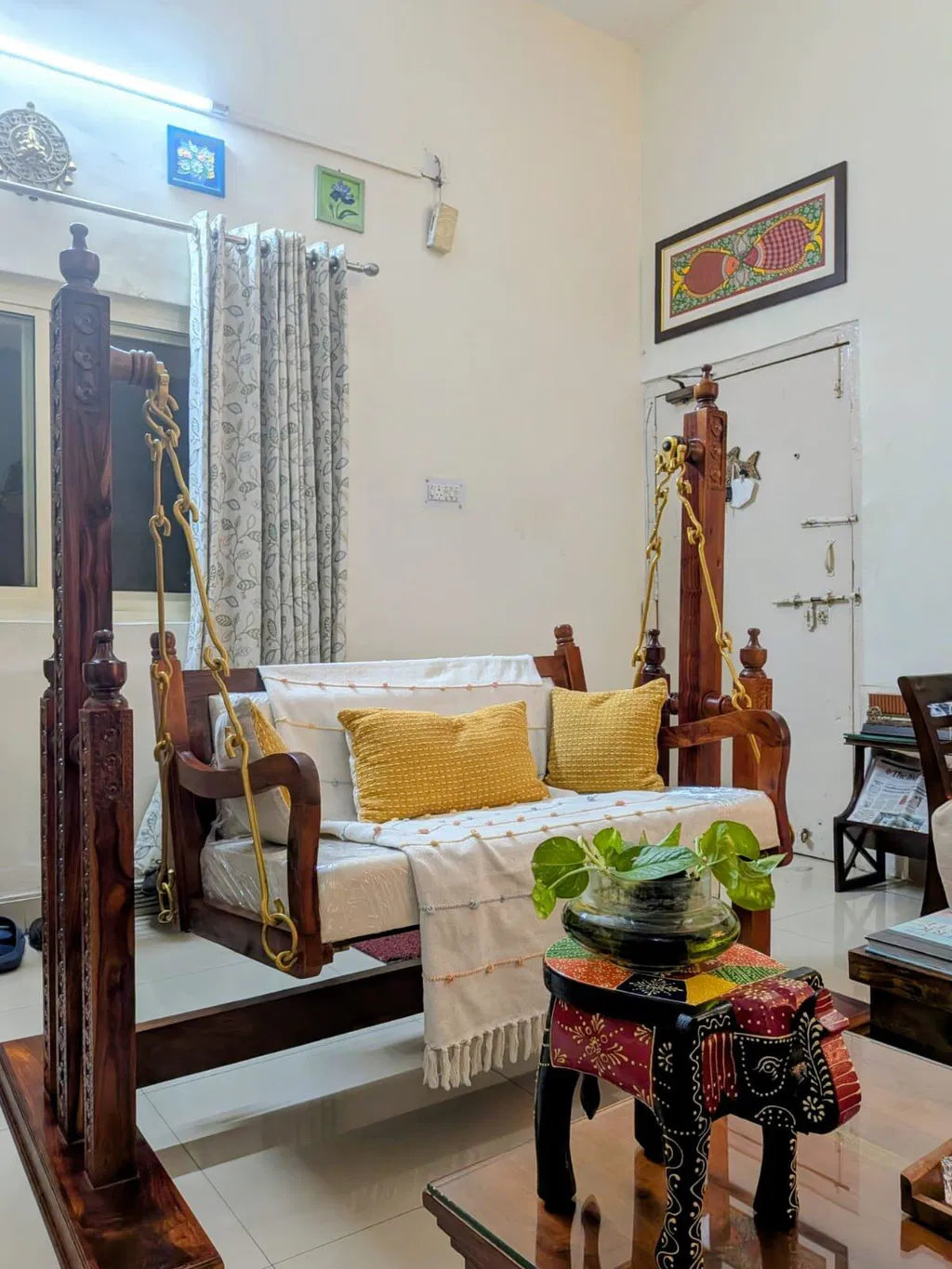 Quant Sheesham Wood Indoor Swing (Jhula) with Cushion - Honey finish Arina Living