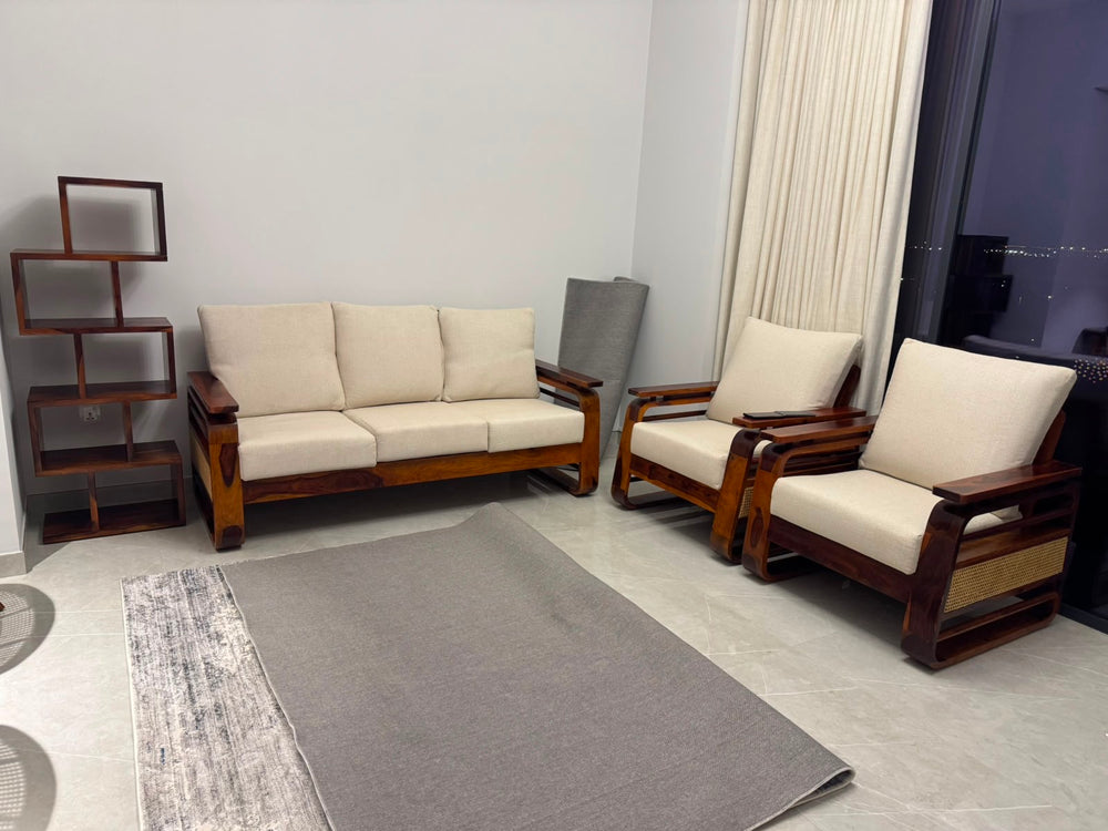 Vortex 3+1+1 Sheesham Wood Sofa Set with Cane Detailing – Honey Finish Arina Living