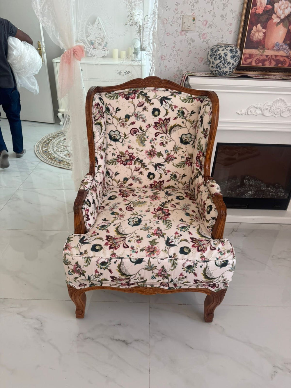 Empire Mango Wood Lounge Chair – Honey Finish Floral Upholstered Accent Chair Arina Living