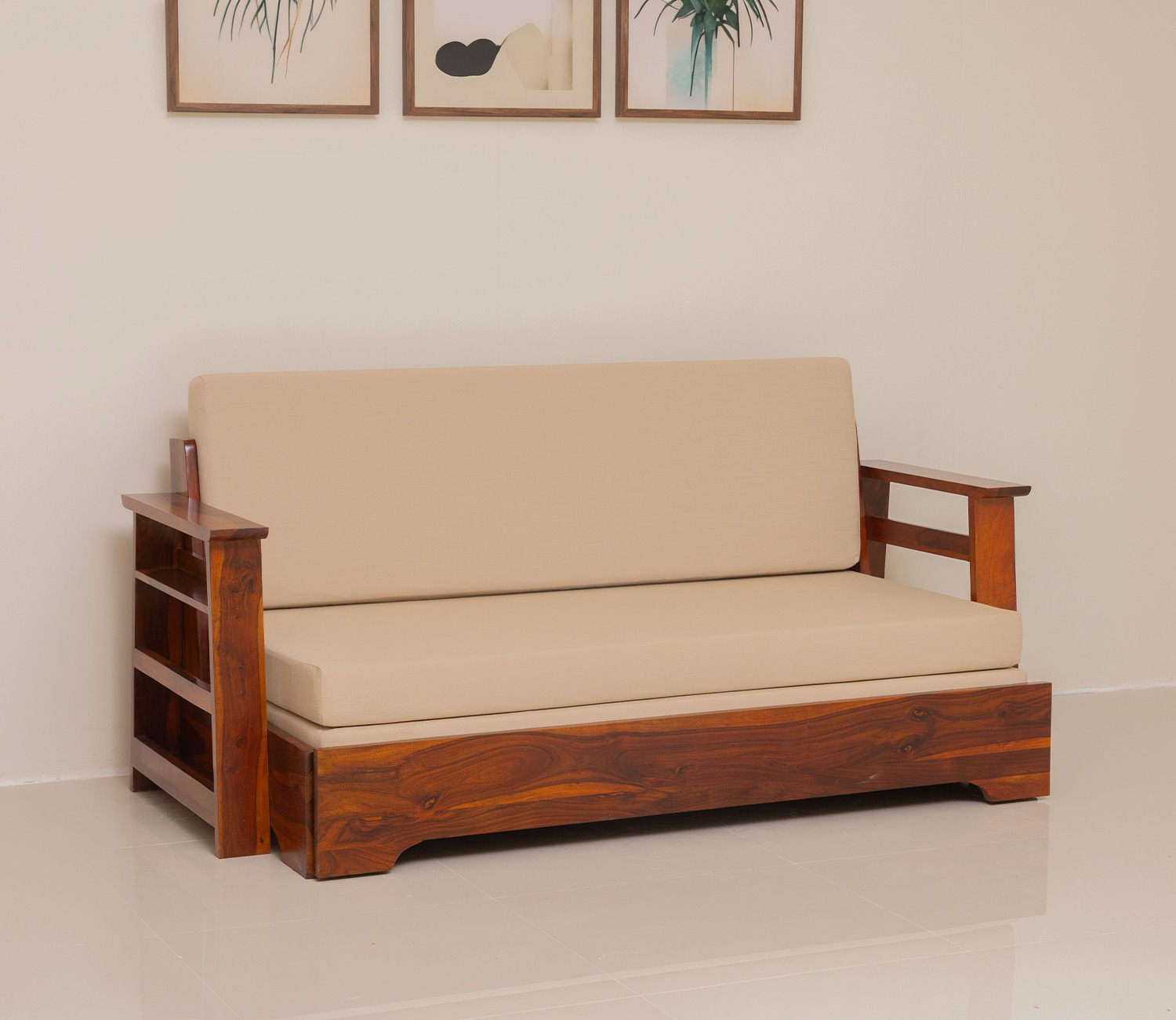 Sheesham Wood Sofa Cum Bed With Armrests - Honey finish Arina Living