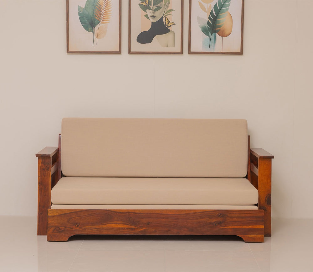 Sheesham Wood Sofa Cum Bed With Armrests - Honey finish Arina Living