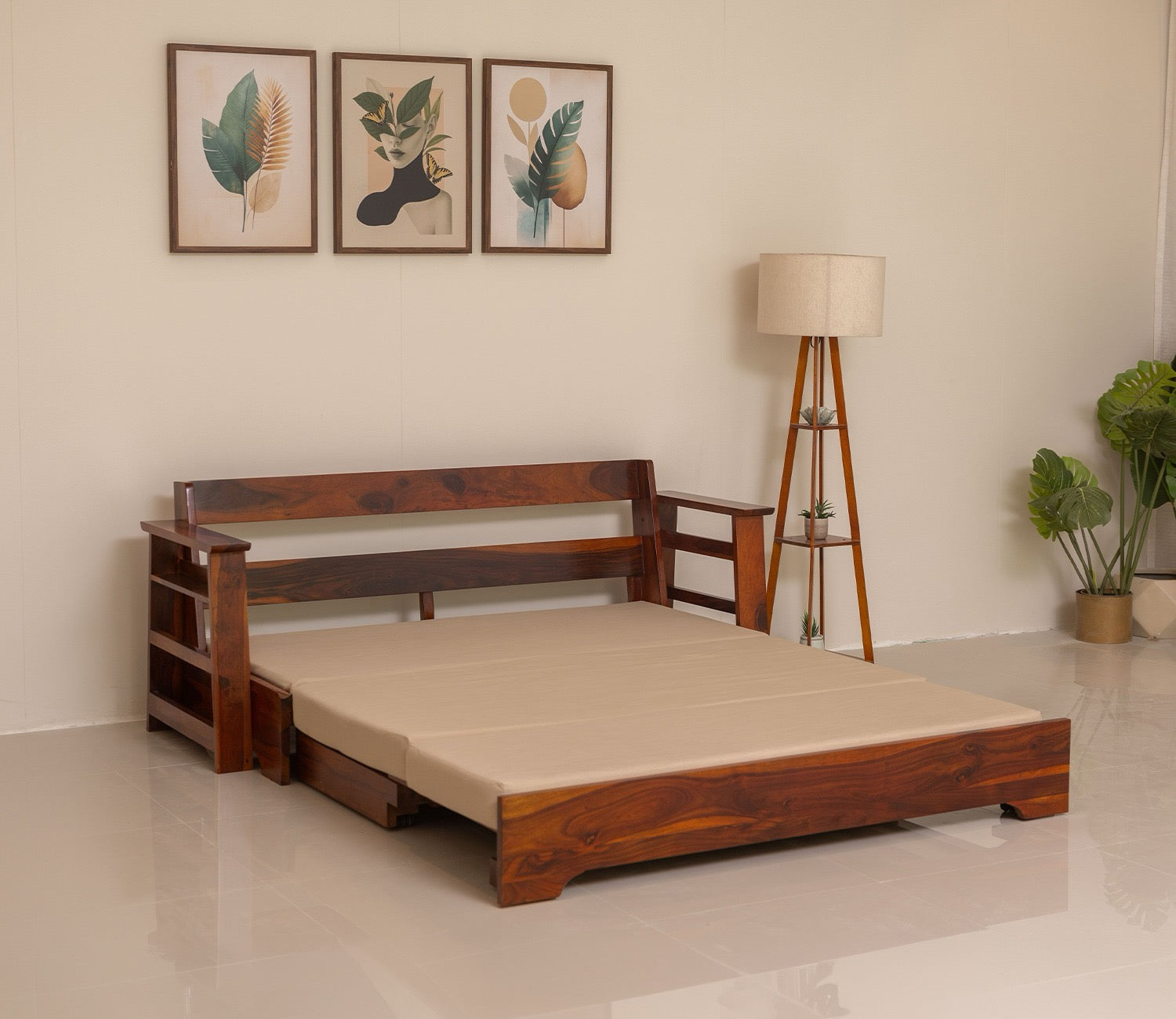 Sheesham Wood Sofa Cum Bed With Armrests - Honey finish Arina Living